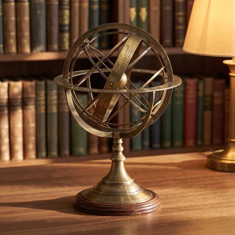 Globo esfera armilar de latón sobre base de madera