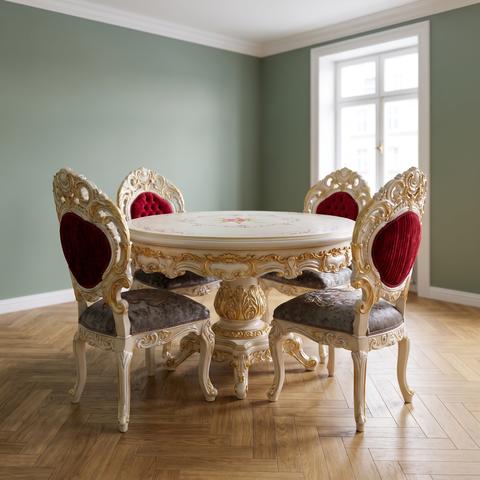Conjunto de comedor de estilo barroco con mesa redonda y terciopelo burdeos