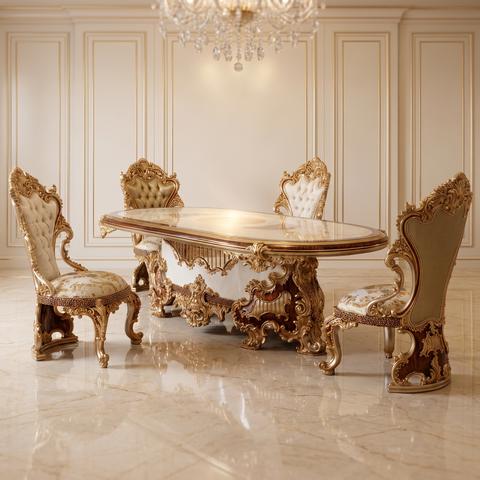 Conjunto de comedor barroco de lujo con mesa ovalada en marfil y oro