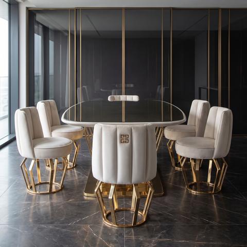 Conjunto de comedor de diseño con base dorada y sillas tapizadas claras