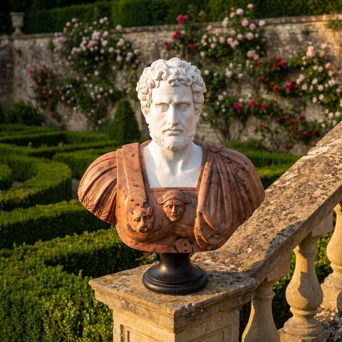 Figurine en pierre sur une balustrade en grès à la lumière du soir