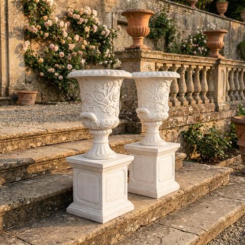 Vasques en marbre sur socles près d'un escalier de jardin