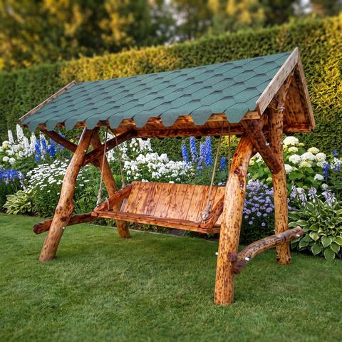 Rustikale Gartenschaukel aus Eiche mit Holzdach im Blumengarten