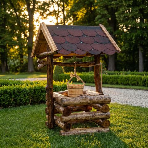 Rustikaler Gartenbrunnen aus Eiche mit Schindeldach und Eimer