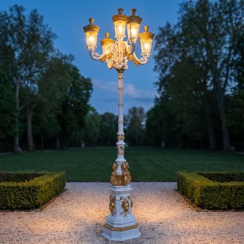 White and gold garden candelabra lamp post with four lanterns