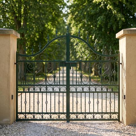 Green art nouveau wrought iron garden gate between two pillars