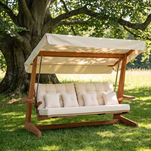 Wooden garden swing with cream cushions under a beech tree