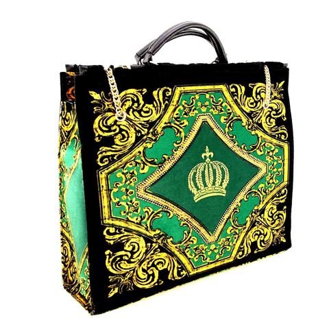 Pompöös handbag in green and gold with baroque pattern