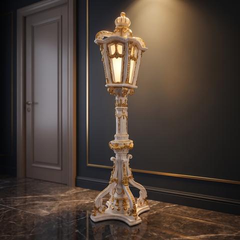 Lampada da terra Pompöös a lanterna bianca e oro