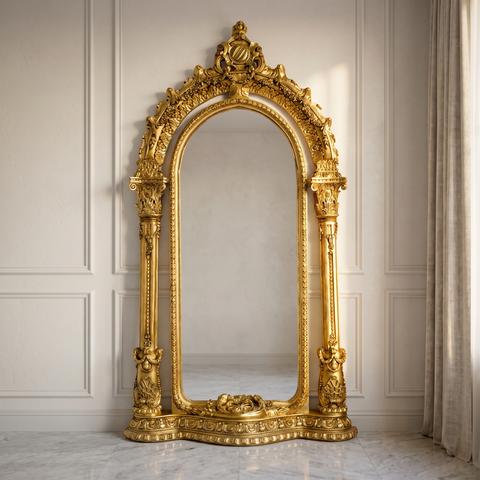 Specchio Pompöös con cornice ad arco dorata e colonne