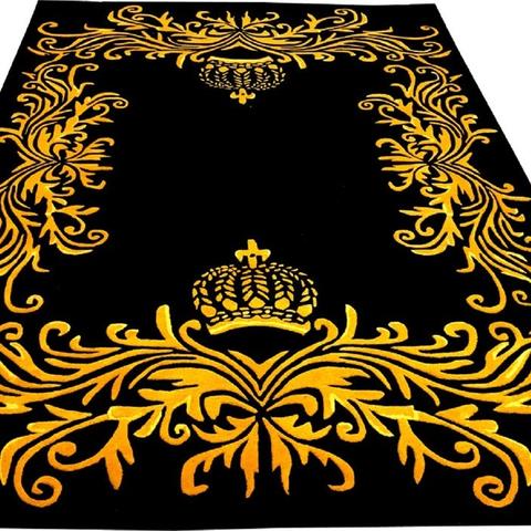 Pompöös Teppich in Schwarz mit goldenem Kronenornament