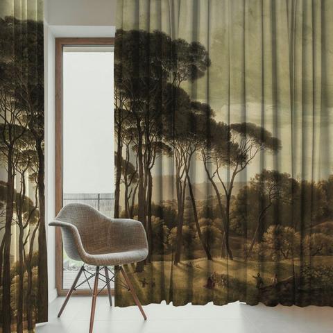 Curtain with printed tree motif in green and beige
