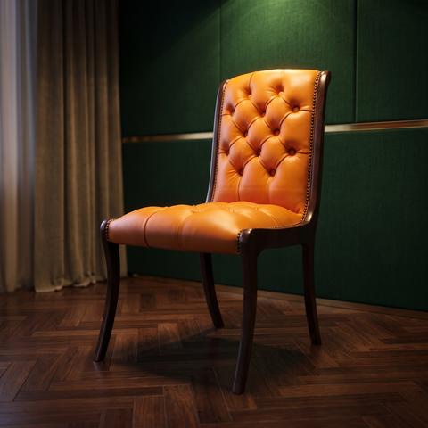 Sedia da pranzo in pelle marrone arancio capitonné