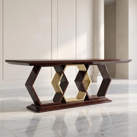 Tavolo art déco con piano scuro e base dorata