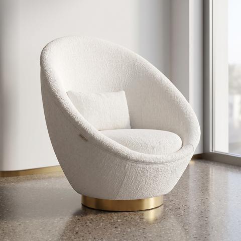 Poltrona girevole bianca in bouclé con base dorata