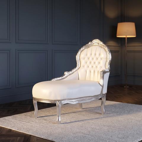 Chaise longue barroca infantil en blanco con marco plateado tallado