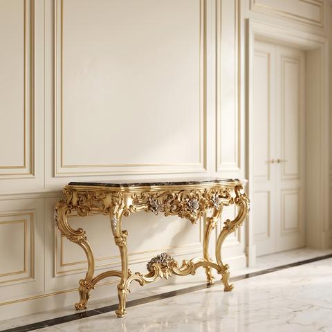 Console baroque à piètement sculpté doré et plateau en marbre