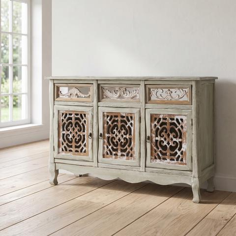 Shabby Chic Kommode in Grüngrau mit weißen Gitterfüllungen