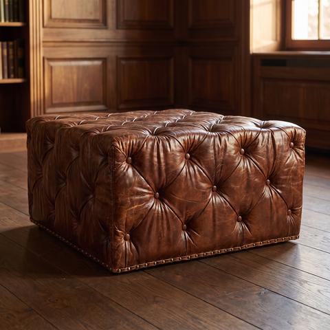 Pouf en cuir cognac capitonné dans un bureau boisé