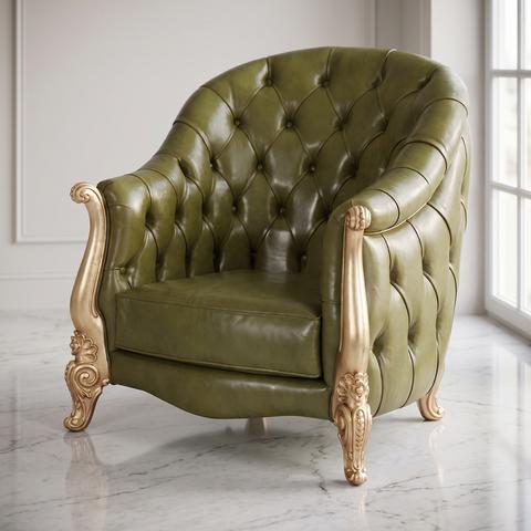 Fauteuil en cuir vert à cadre sculpté doré