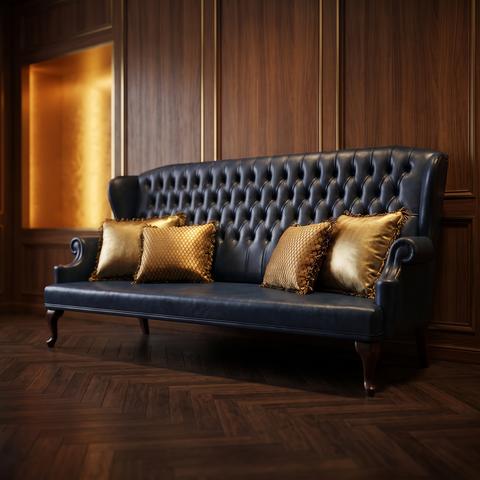 Canapé Chesterfield en cuir bleu à haut dossier