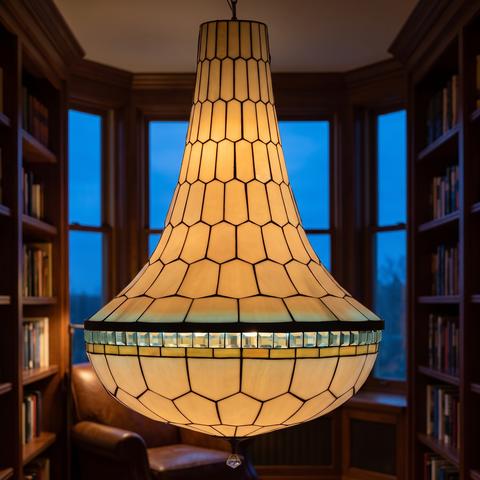 Leuchtende Tiffany Leuchte im Erker einer Bibliothek