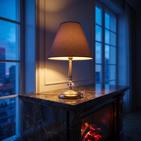 Dekoleuchte auf einem Marmorkaminsims zur blauen Stunde