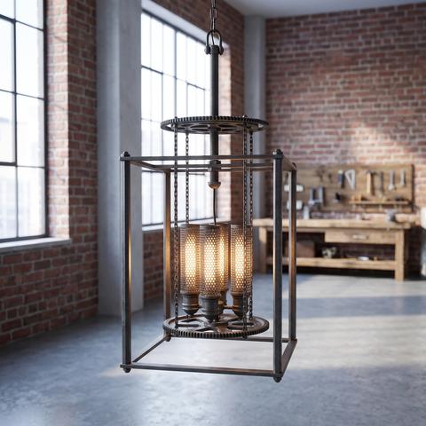 Industrieleuchte in einem Loft mit Backsteinwand