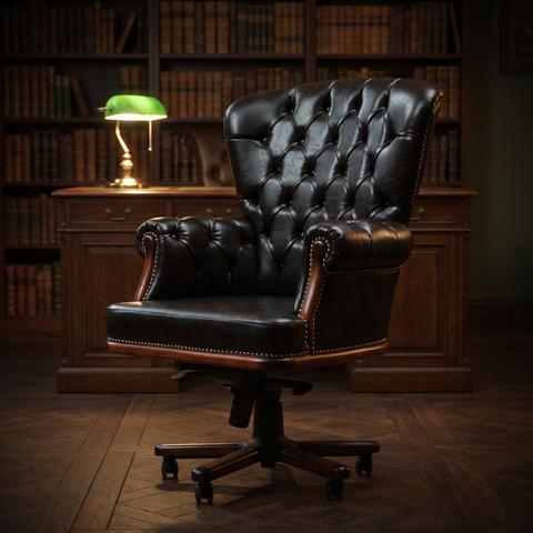 Silla de oficina en cuero chesterfield negro con base de ruedas
