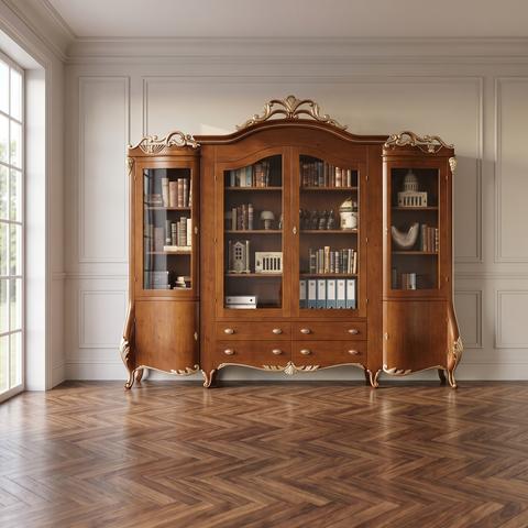 Baroque walnut cabinet with four glass doors in a library