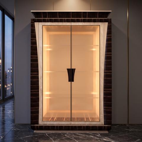 Luxury display cabinet in dark precious wood with illuminated interior