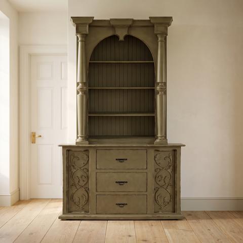 Country house style cabinet in grey green with top section and drawers