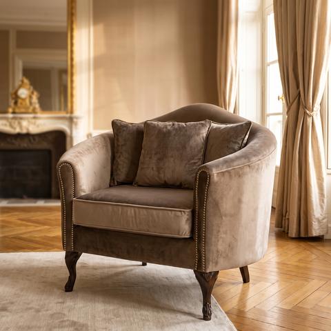 Baroque velvet armchair in brown with nailhead trim in a town palace salon