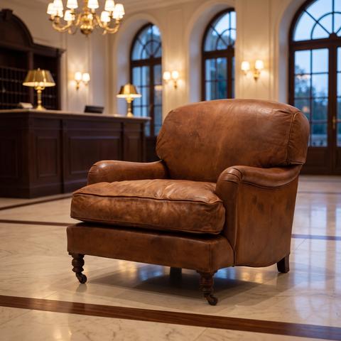 Chesterfield club chair in cognac leather in a hotel lobby