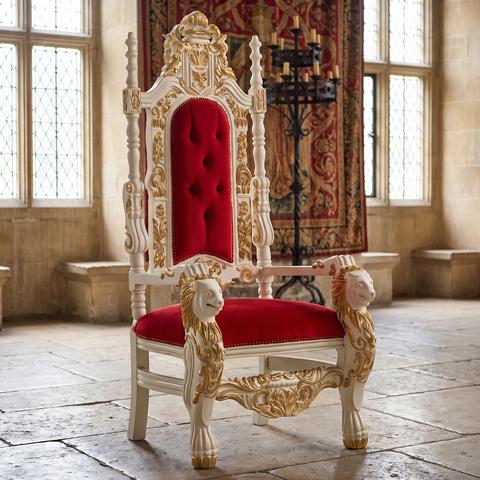 Baroque throne chair in red with a white and gold carved frame