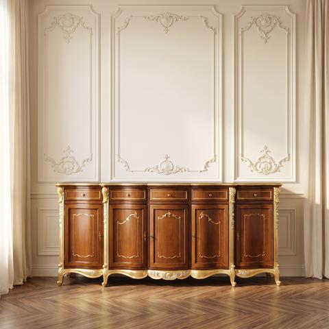 Barock Sideboard aus Nussbaum mit Marketerie und Vergoldung