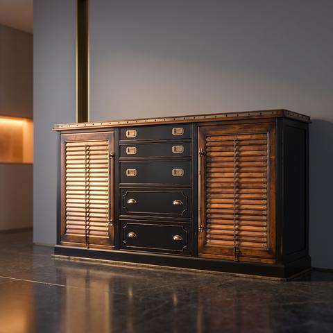 Luxus Sideboard in Schwarz und Holz mit Lamellentüren