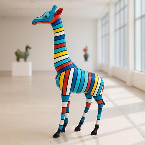 Figure di Giraffa alte in resina tra altre statue