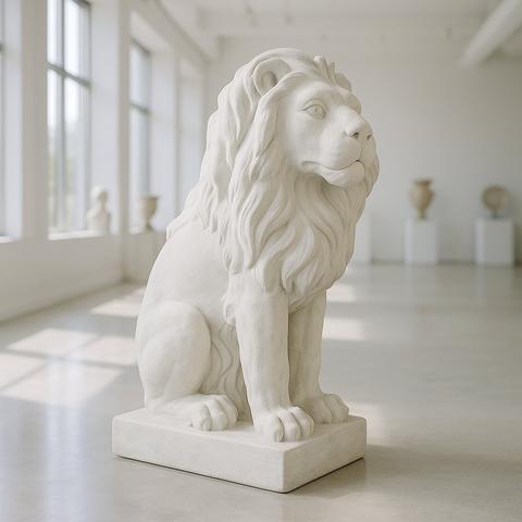 Figure di Leoni in fibra di vetro tra diverse sculture