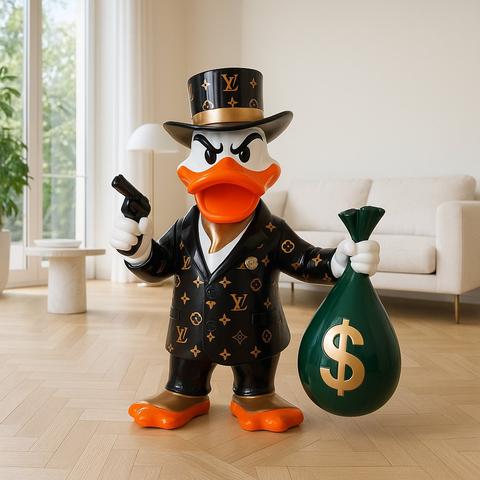 Sculptures de Canards en résine sur un parquet raffiné