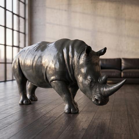 Nashorn Skulptur in Dunkelgrau im modernen Loft