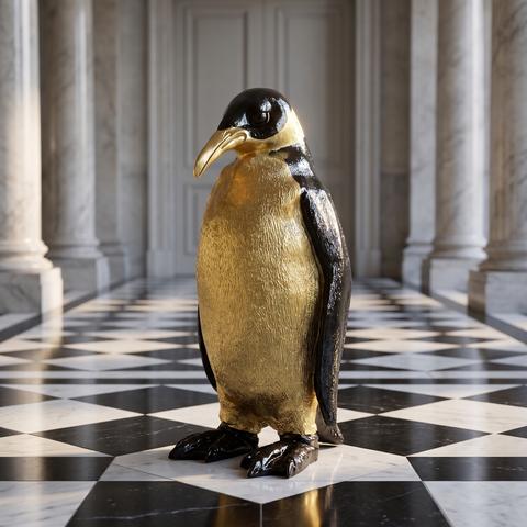 Pinguin Skulptur in Gold und Schwarz im Marmorfoyer