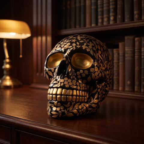 Totenkopf Skulptur in Schwarz mit Goldranke in der Bibliothek