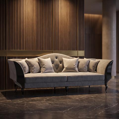 Canapé Art déco gris à cadre noir dans un lounge d'hôtel