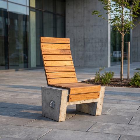 Stadtsessel aus Beton und Holz auf einem Platz