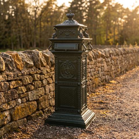 Standbriefkästen aus schwerem Aluguss an der Gartenmauer einer Villeneinfahrt