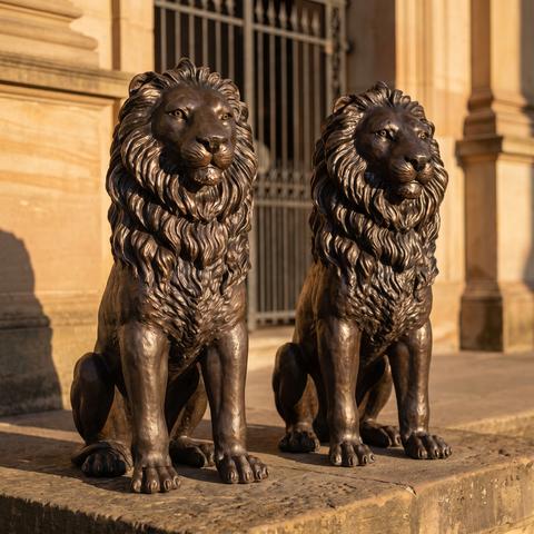 Löwen Figuren aus Bronze vor einem Palais Portal
