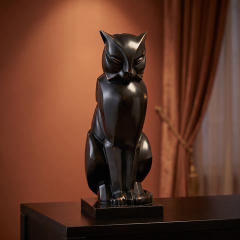 Katzen Figur aus schwarzer Bronze auf dem Beistelltisch