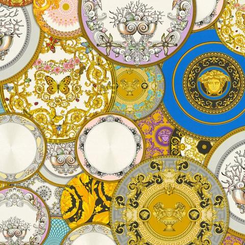 Versace wallpaper with colourful plate design in gold and blue