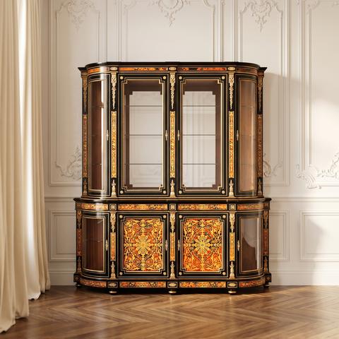 Baroque display cabinet with marquetry and black framed glass doors